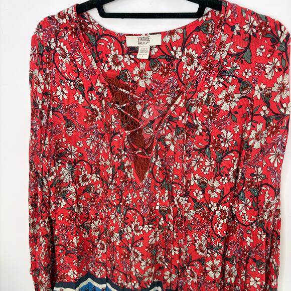 Vintage America Blues Floral Boho Red Flow Blouse Large Bell Sleeve Prairie - Picture 2 of 7
